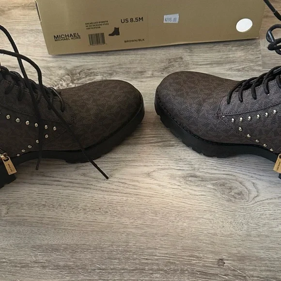 Michael Kors Kincaid Logo Studded Brown and Black Lace Up Boots - Picture 7 of 8